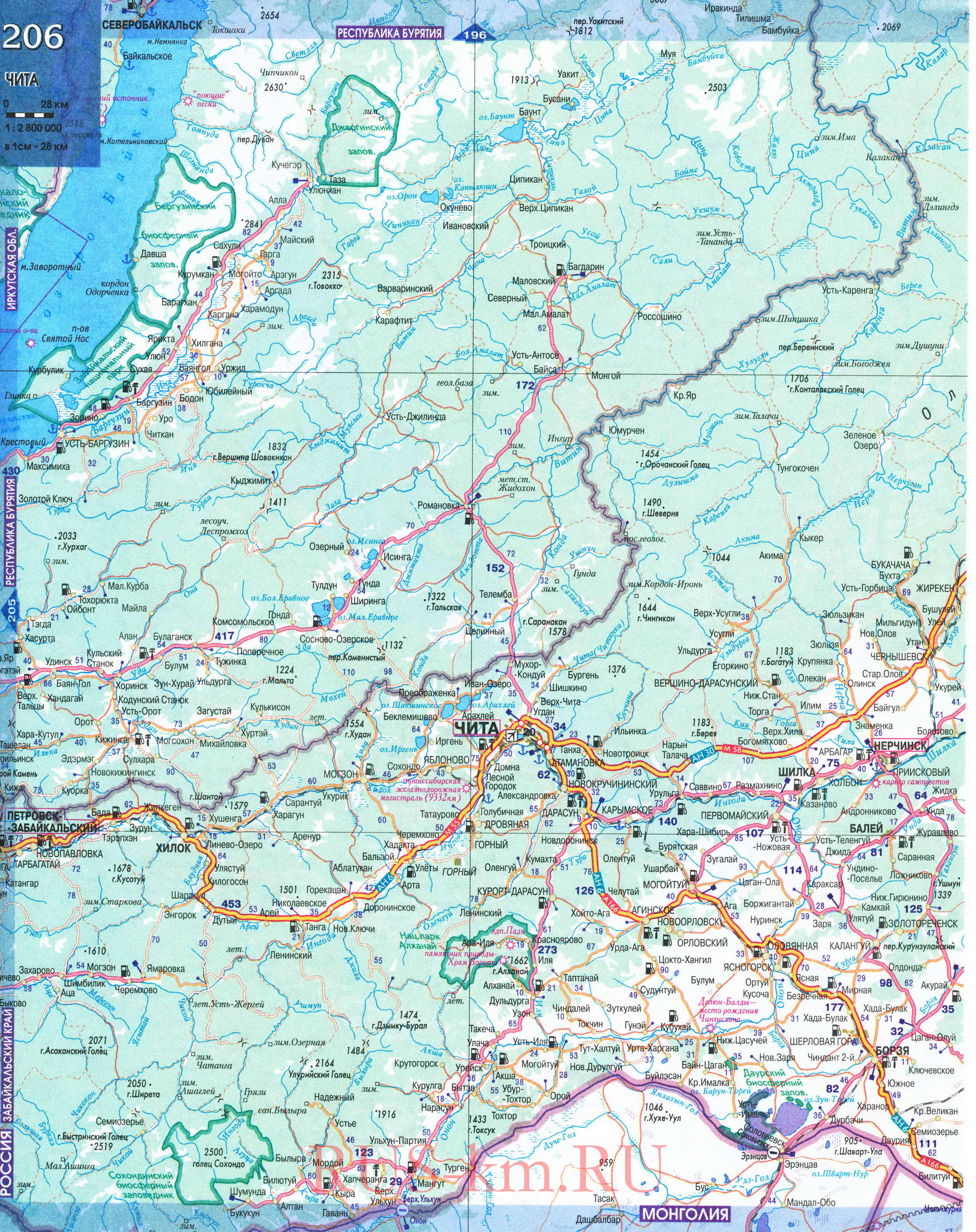Автомобильная карта Забайкальского края. Подробная карта автомобильных дорог - Забайкальский край, A1 - 